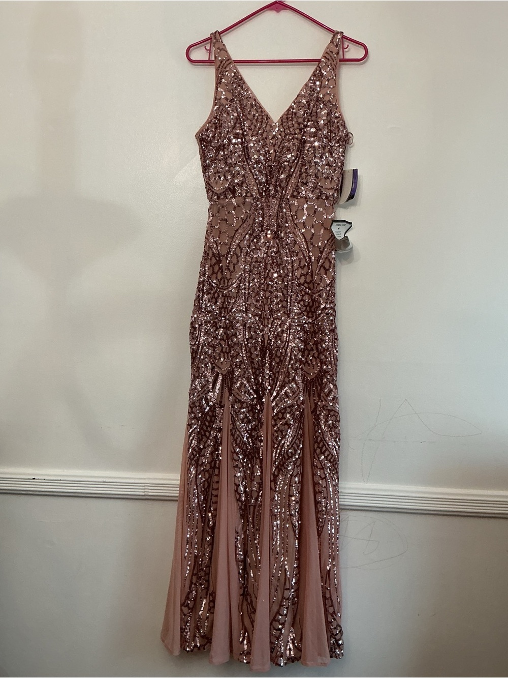 R&M Richards Rose Gold Sequin V-Neck Maxi Gown